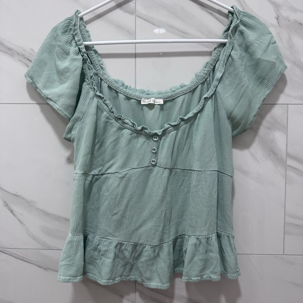 Womens Milkmaid Tiered Boho Off the shoulder Top size L Ruffle neckline Romantic
